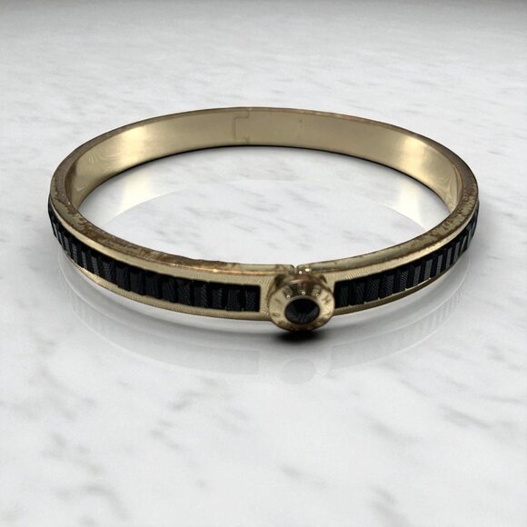 Henri Bendel Gold-Tone Hinged Bangle Black Enamel & Center Stone Accent - Picture 1 of 5